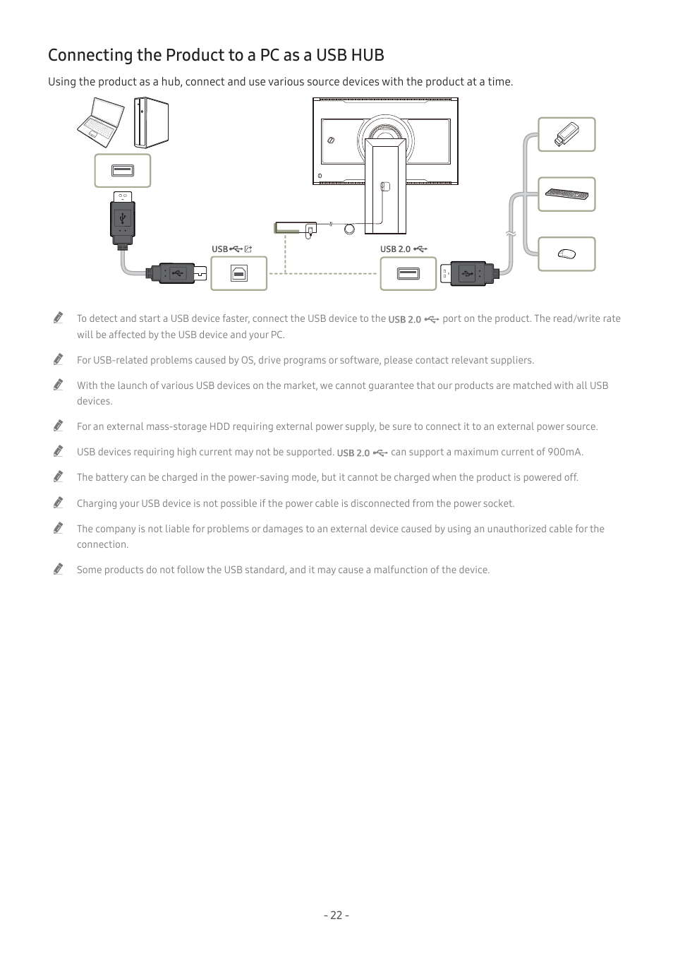 Connecting the product to a pc as a usb hub, 22 connecting the product to a pc as a usb hub | Samsung Odyssey Ark 55" 4K HDR 165 Hz Curved Gaming Monitor User Manual | Page 22 / 42