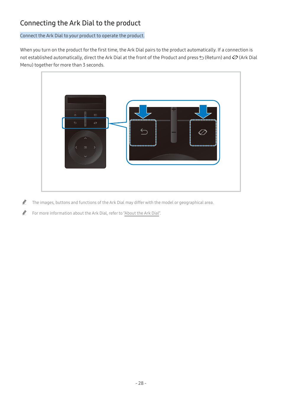 Connecting the ark dial to the product, 28 connecting the ark dial to the product | Samsung Odyssey Ark 55" 4K HDR 165 Hz Curved Gaming Monitor User Manual | Page 28 / 42