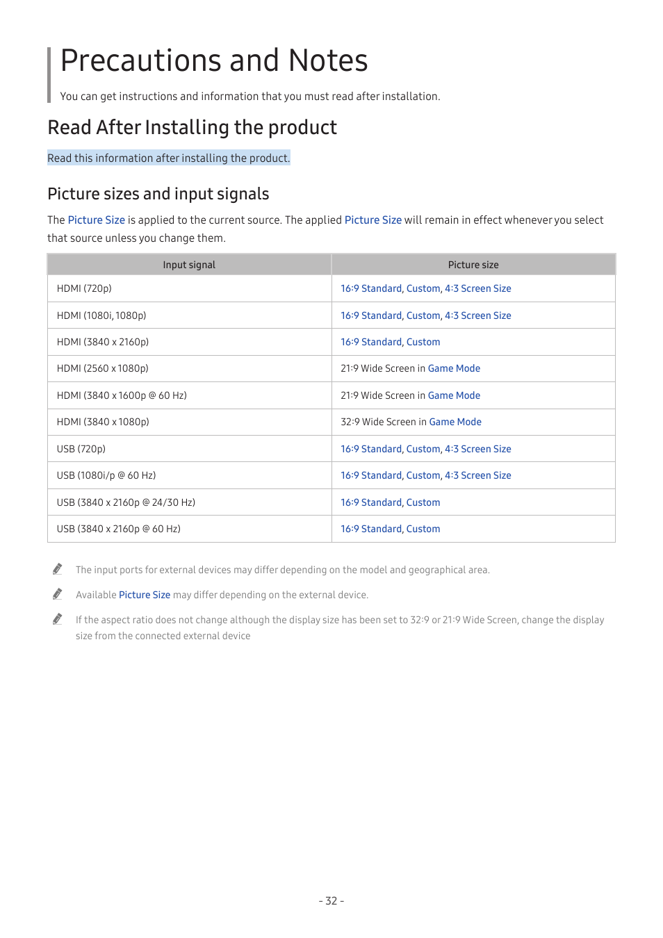 Precautions and notes, Read after installing the product, Picture sizes and input signals | 32 picture sizes and input signals | Samsung Odyssey Ark 55" 4K HDR 165 Hz Curved Gaming Monitor User Manual | Page 32 / 42