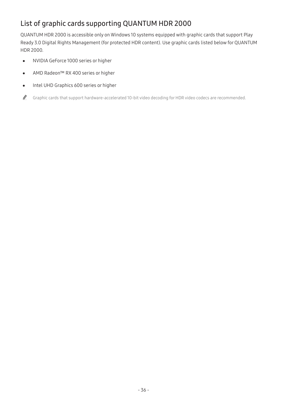 List of graphic cards supporting quantum hdr 2000 | Samsung Odyssey Ark 55" 4K HDR 165 Hz Curved Gaming Monitor User Manual | Page 36 / 42