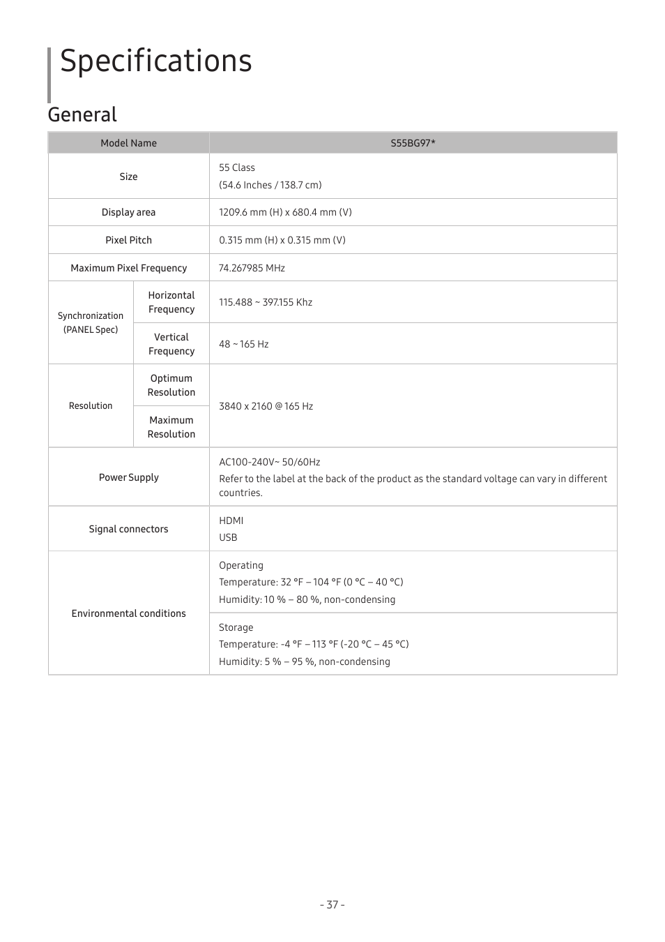 Specifications, General | Samsung Odyssey Ark 55" 4K HDR 165 Hz Curved Gaming Monitor User Manual | Page 37 / 42