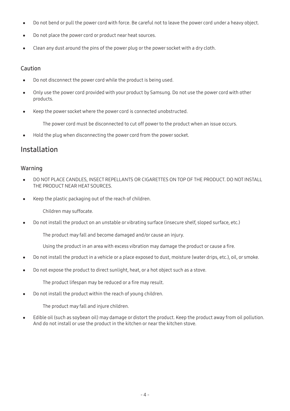 Installation, 4 installation, Caution | Warning | Samsung Odyssey Ark 55" 4K HDR 165 Hz Curved Gaming Monitor User Manual | Page 4 / 42