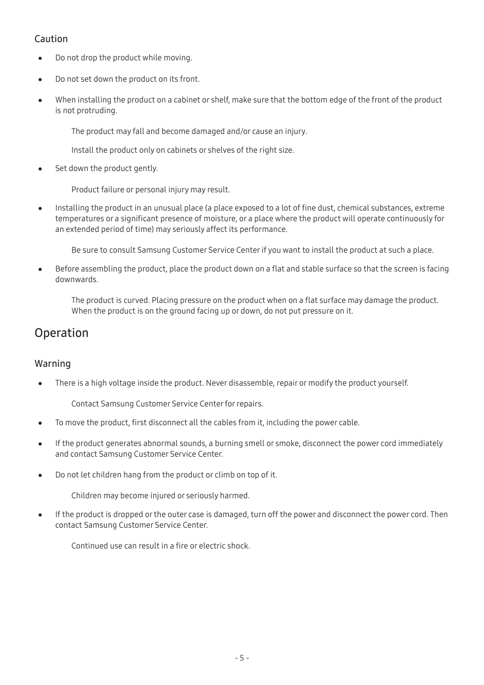 Operation, 5 operation, Caution | Warning | Samsung Odyssey Ark 55" 4K HDR 165 Hz Curved Gaming Monitor User Manual | Page 5 / 42