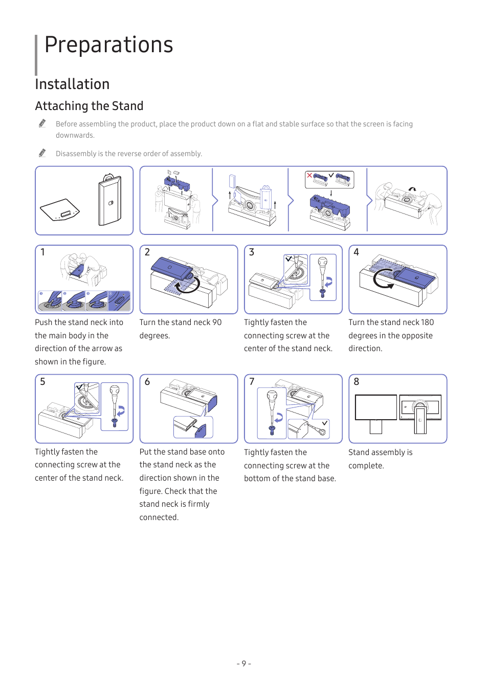 Preparations, Installation, Attaching the stand | Samsung Odyssey Ark 55" 4K HDR 165 Hz Curved Gaming Monitor User Manual | Page 9 / 42