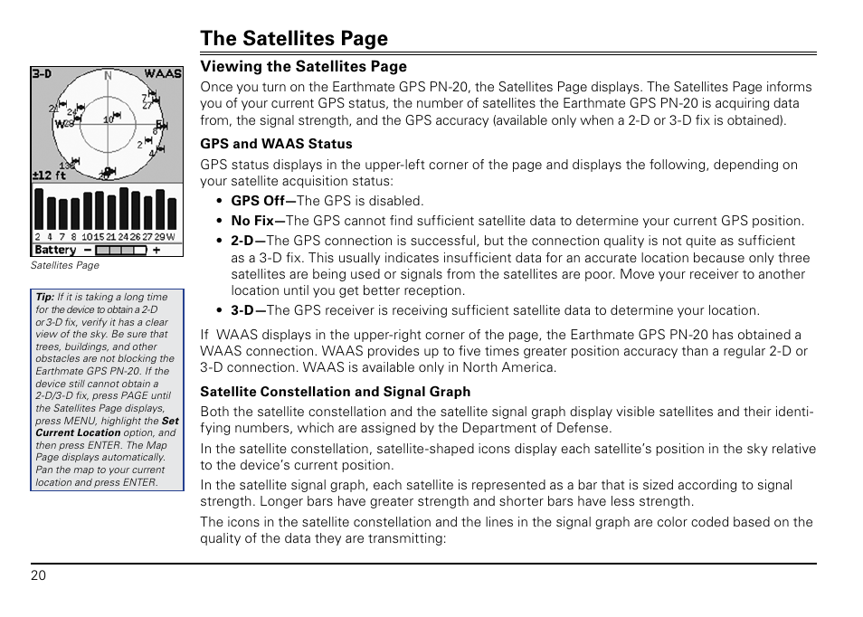 The satellites page, Viewing the satellites page | DeLorme PN-20 User Manual | Page 21 / 93