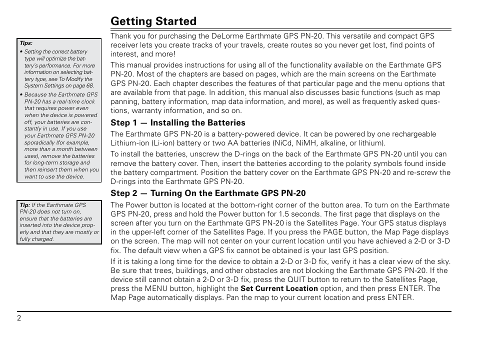 Getting started, Step 1 — installing the batteries, Step 2 — turning on the earthmate gps pn-20 | DeLorme PN-20 User Manual | Page 3 / 93