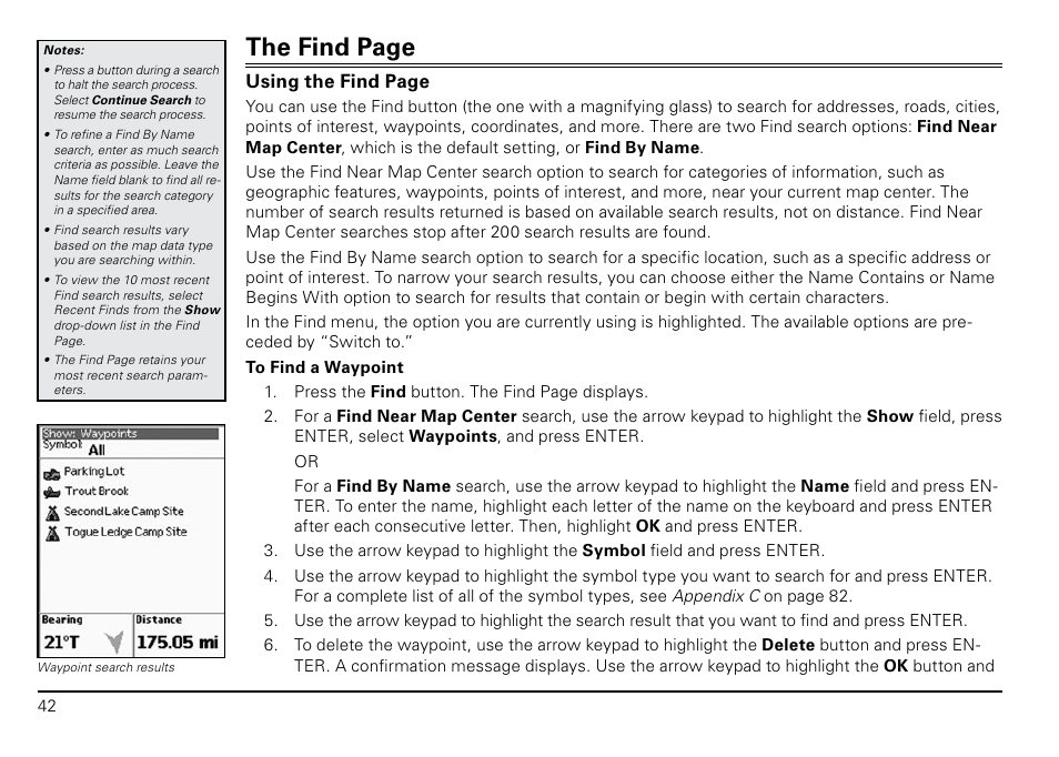 The find page, Using the find page | DeLorme PN-20 User Manual | Page 43 / 93
