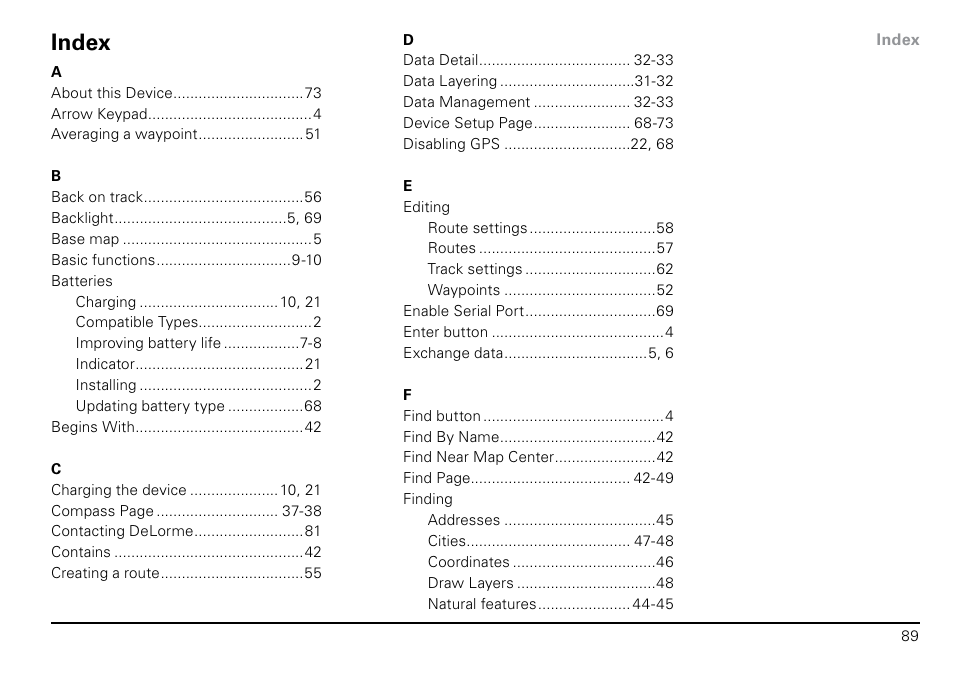 Index | DeLorme PN-20 User Manual | Page 90 / 93