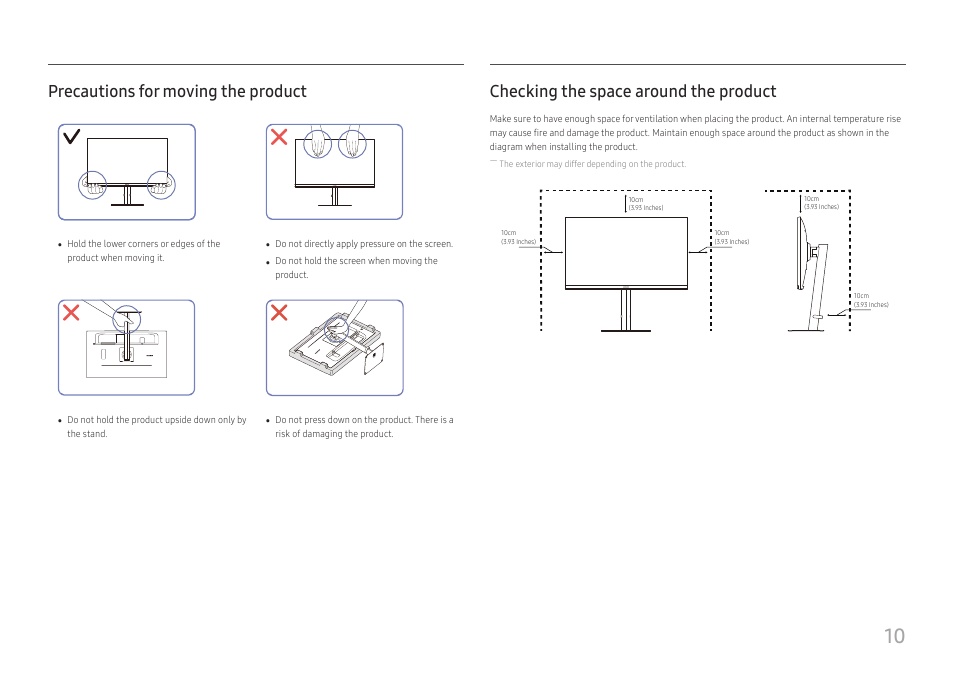 Precautions for moving the product, Checking the space around the product | Samsung LS27A400UJNXZA 27" IPS Monitor User Manual | Page 10 / 39