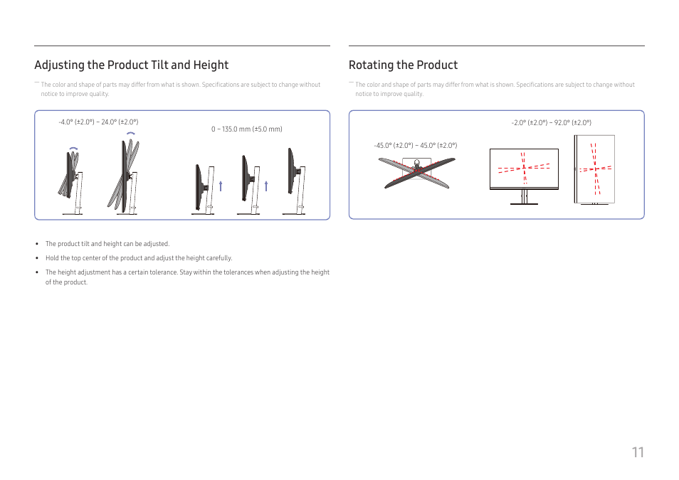 Adjusting the product tilt and height, Rotating the product | Samsung LS27A400UJNXZA 27" IPS Monitor User Manual | Page 11 / 39
