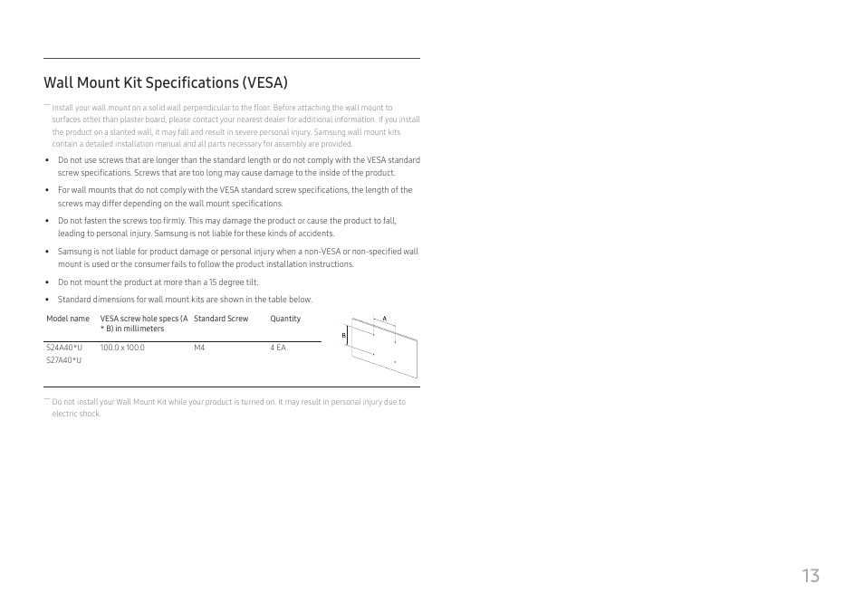 Wall mount kit specifications (vesa) | Samsung LS27A400UJNXZA 27" IPS Monitor User Manual | Page 13 / 39