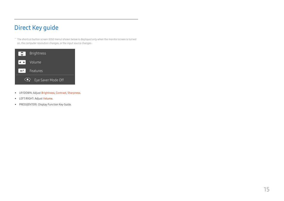 Direct key guide, 15 direct key guide | Samsung LS27A400UJNXZA 27" IPS Monitor User Manual | Page 15 / 39