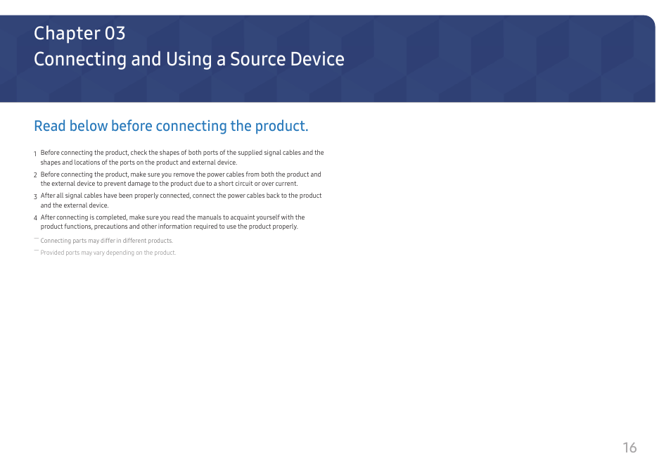 Connecting and using a source device, Read below before connecting the product, Chapter 03 | Samsung LS27A400UJNXZA 27" IPS Monitor User Manual | Page 16 / 39