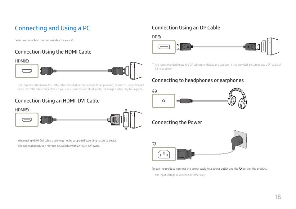 Connecting and using a pc, Connection using the hdmi cable, Connection using an hdmi-dvi cable | Connection using an dp cable, Connecting to headphones or earphones, Connecting the power, 18 connecting and using a pc | Samsung LS27A400UJNXZA 27" IPS Monitor User Manual | Page 18 / 39