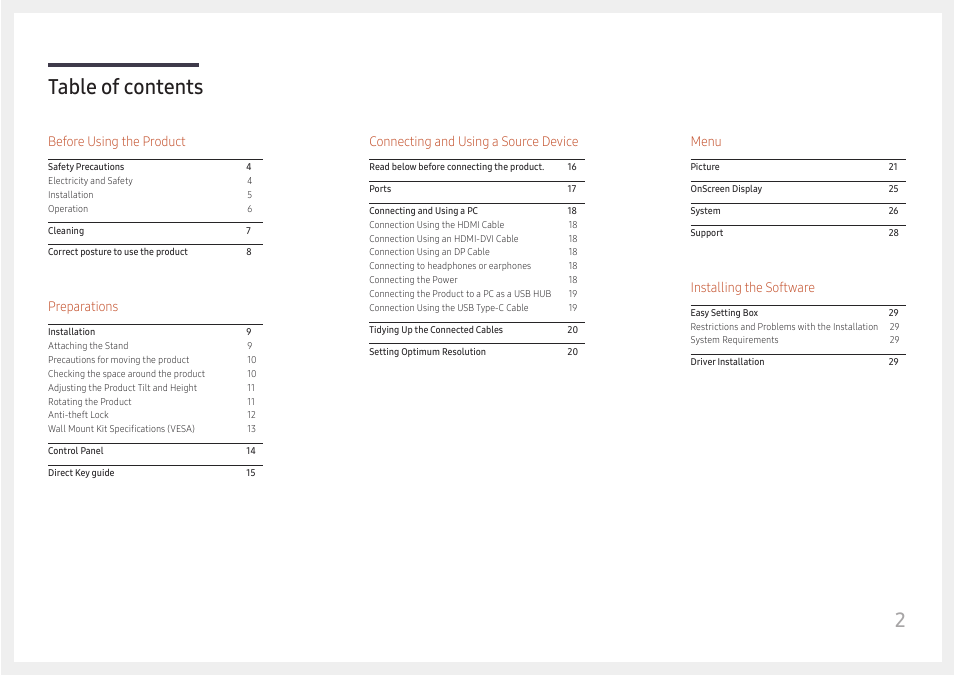 2table of contents, Before using the product, Preparations | Connecting and using a source device, Menu, Installing the software | Samsung LS27A400UJNXZA 27" IPS Monitor User Manual | Page 2 / 39