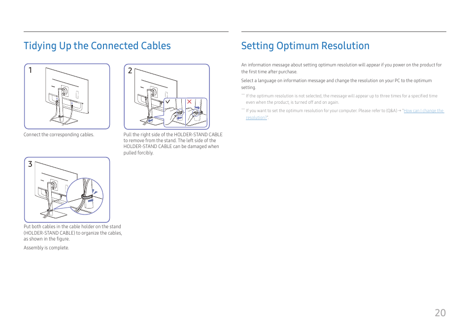 Tidying up the connected cables, Setting optimum resolution, 20 tidying up the connected cables | Samsung LS27A400UJNXZA 27" IPS Monitor User Manual | Page 20 / 39
