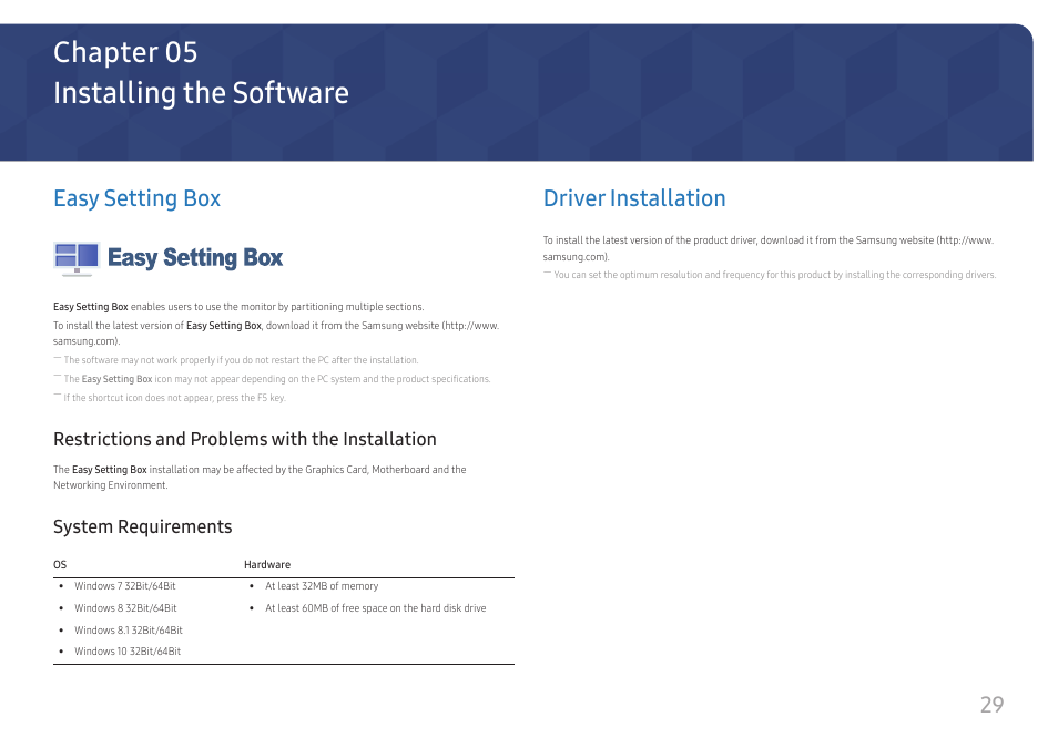 Installing the software, Easy setting box, Restrictions and problems with the installation | System requirements, Driver installation, Chapter 05 | Samsung LS27A400UJNXZA 27" IPS Monitor User Manual | Page 29 / 39