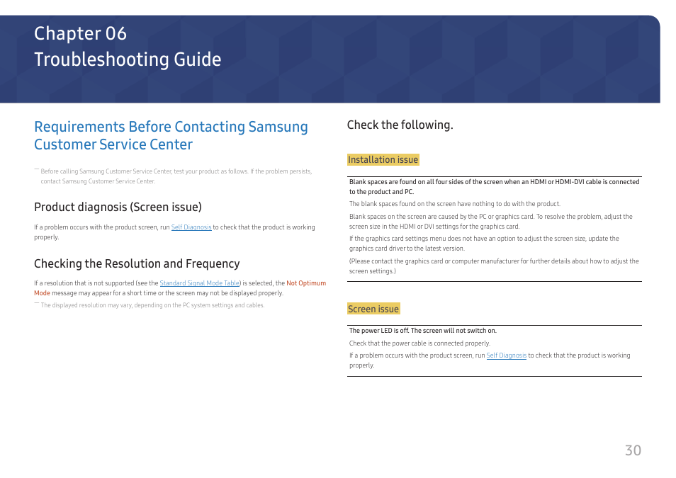 Troubleshooting guide, Product diagnosis (screen issue), Checking the resolution and frequency | Check the following, Requirements before contacting, Samsung customer service center, Chapter 06 | Samsung LS27A400UJNXZA 27" IPS Monitor User Manual | Page 30 / 39