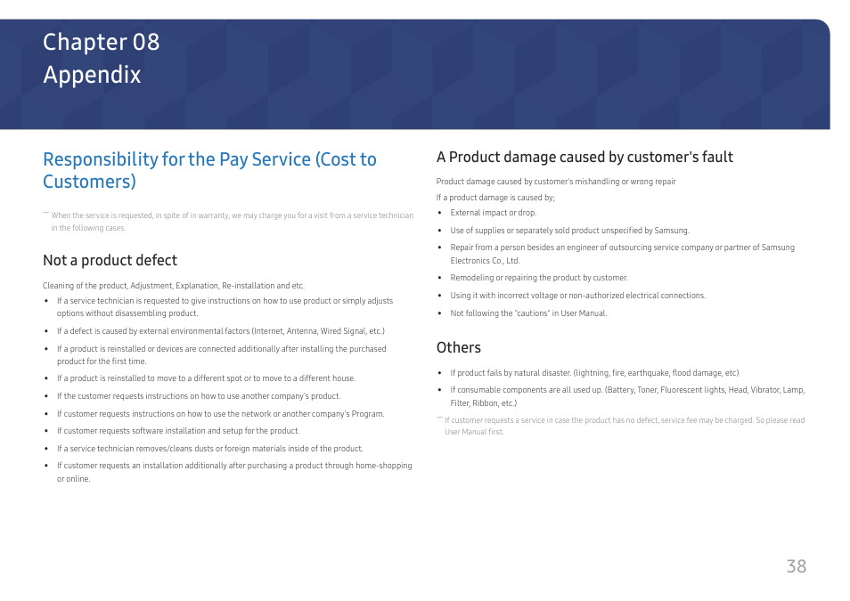 Appendix, Not a product defect, A product damage caused by customer's fault | Others, Responsibility for the pay service (cost to, Customers) 38, Others 38, Chapter 08 | Samsung LS27A400UJNXZA 27
