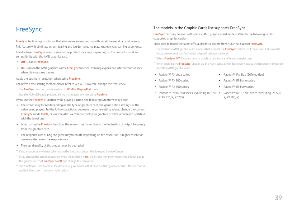 Freesync, Freesync 39, 39 freesync | Samsung LS27A400UJNXZA 27" IPS Monitor User Manual | Page 39 / 39