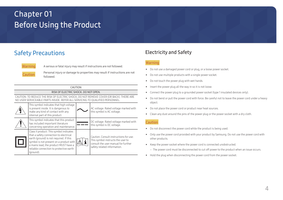 Before using the product, Safety precautions, Electricity and safety | Chapter 01, 4safety precautions | Samsung LS27A400UJNXZA 27" IPS Monitor User Manual | Page 4 / 39