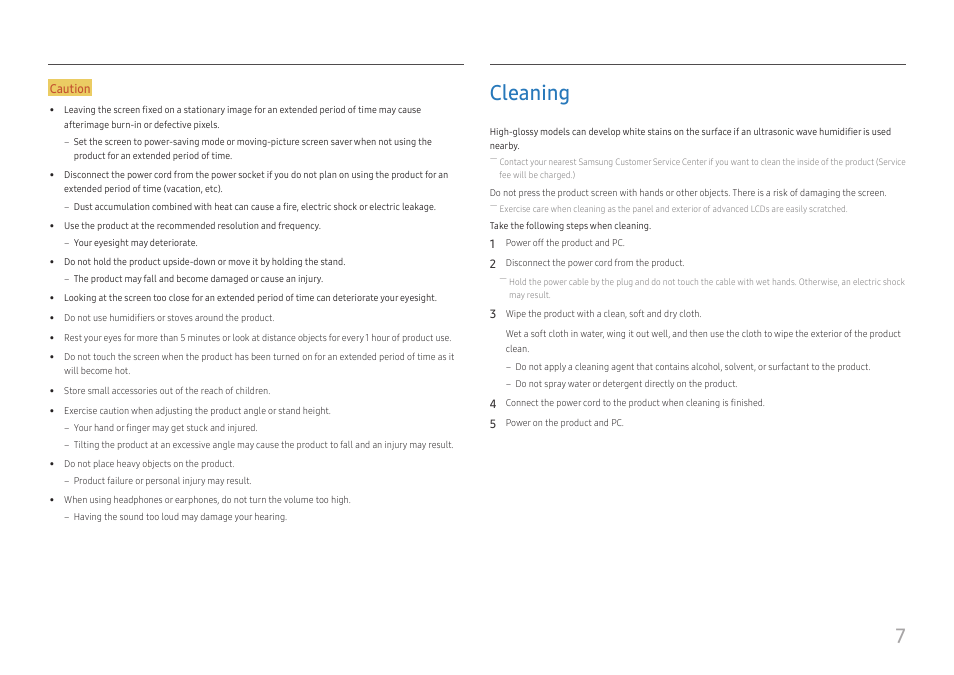 Cleaning, Cleaning 7 | Samsung LS27A400UJNXZA 27" IPS Monitor User Manual | Page 7 / 39