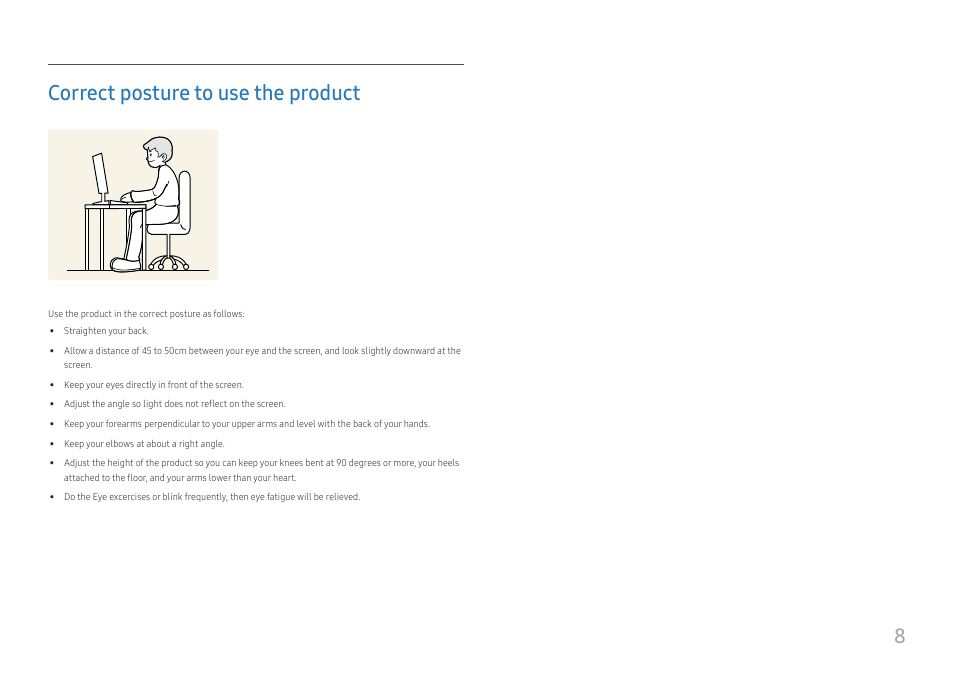Correct posture to use the product, 8correct posture to use the product | Samsung LS27A400UJNXZA 27" IPS Monitor User Manual | Page 8 / 39