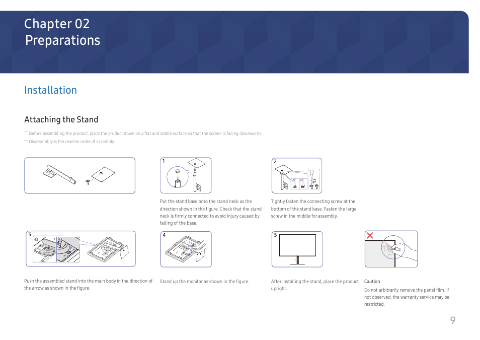 Preparations, Installation, Attaching the stand | Installation 9, Chapter 02, 9installation | Samsung LS27A400UJNXZA 27" IPS Monitor User Manual | Page 9 / 39