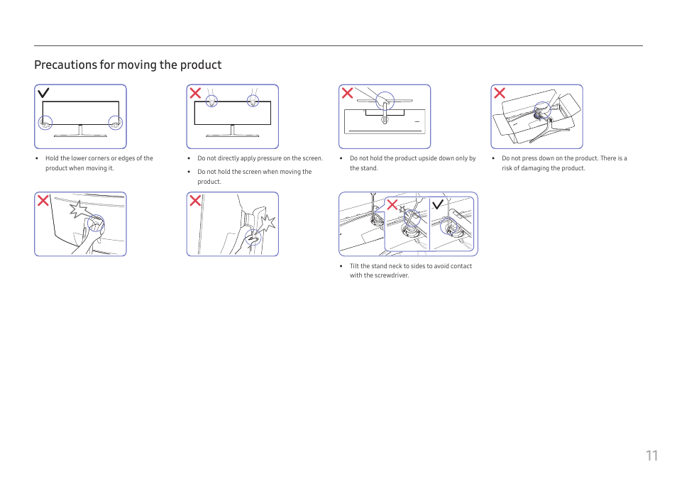 Precautions for moving the product | Samsung S95UA 49" 1440p HDR 120 Hz Curved Ultrawide Monitor User Manual | Page 11 / 45