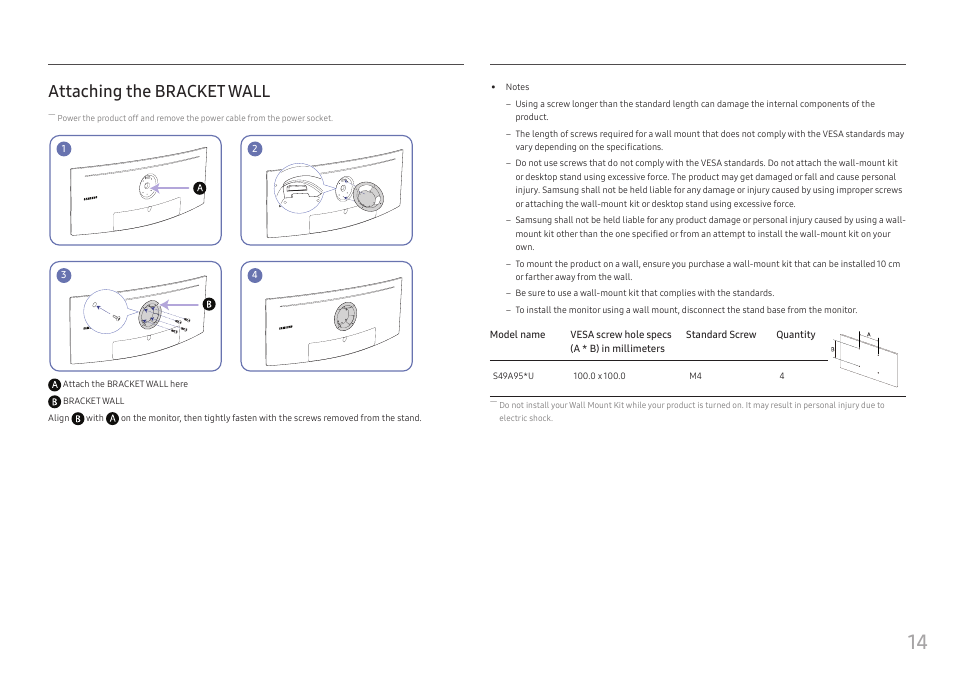 Attaching the bracket wall | Samsung S95UA 49" 1440p HDR 120 Hz Curved Ultrawide Monitor User Manual | Page 14 / 45