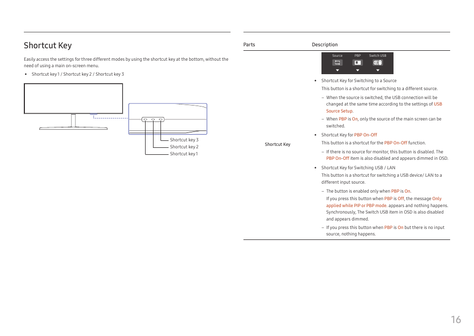 Shortcut key | Samsung S95UA 49" 1440p HDR 120 Hz Curved Ultrawide Monitor User Manual | Page 16 / 45