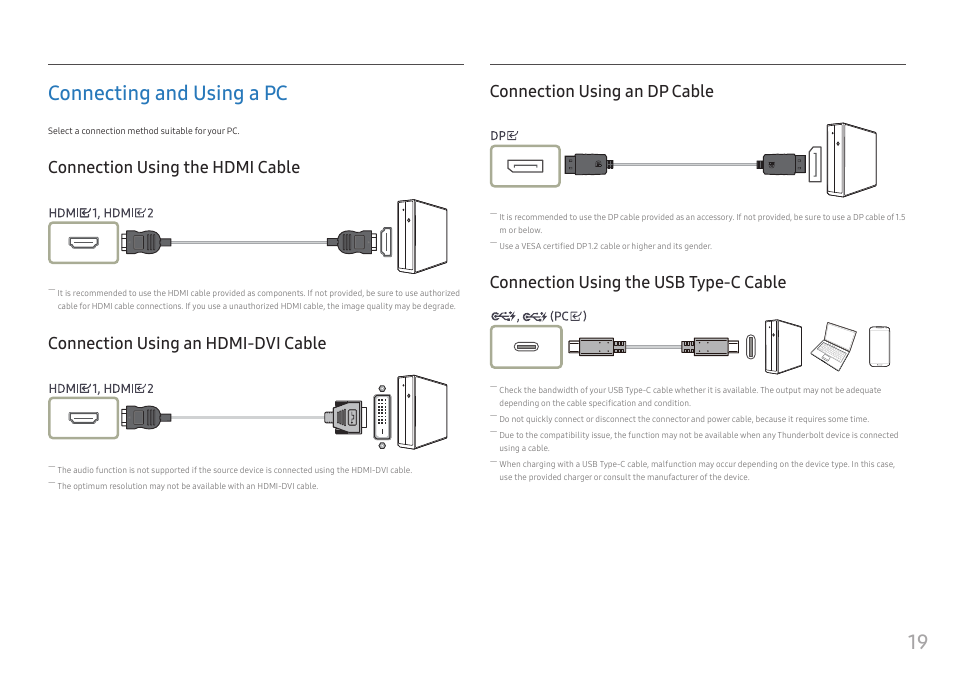 Connecting and using a pc, Connection using the hdmi cable, Connection using an hdmi-dvi cable | Connection using an dp cable, Connection using the usb type-c cable, 19 connecting and using a pc | Samsung S95UA 49" 1440p HDR 120 Hz Curved Ultrawide Monitor User Manual | Page 19 / 45