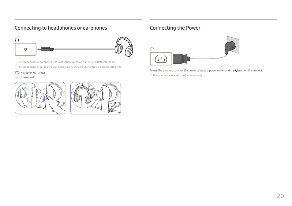 Connecting to headphones or earphones, Connecting the power | Samsung S95UA 49" 1440p HDR 120 Hz Curved Ultrawide Monitor User Manual | Page 20 / 45
