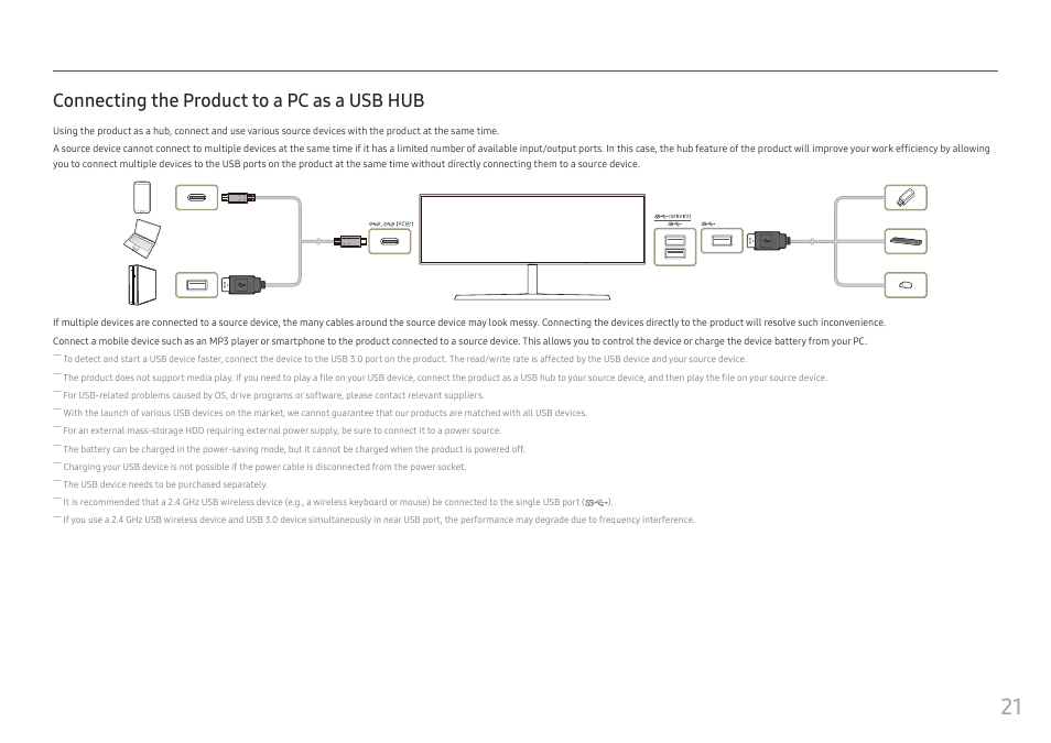 Connecting the product to a pc as a usb hub | Samsung S95UA 49" 1440p HDR 120 Hz Curved Ultrawide Monitor User Manual | Page 21 / 45