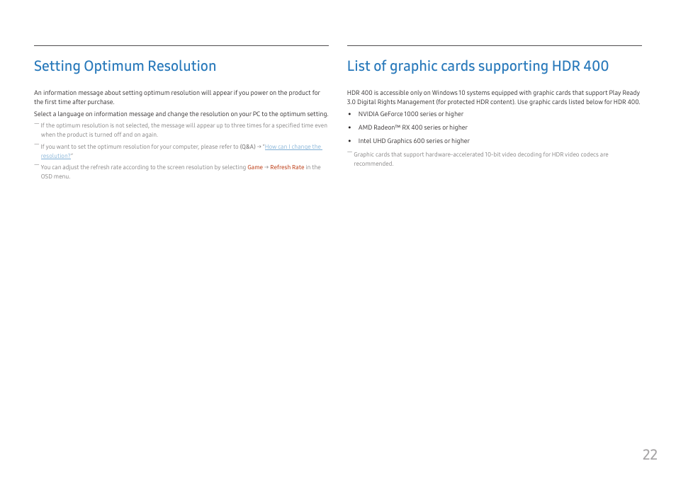 Setting optimum resolution, List of graphic cards supporting hdr 400, 22 setting optimum resolution | Samsung S95UA 49" 1440p HDR 120 Hz Curved Ultrawide Monitor User Manual | Page 22 / 45