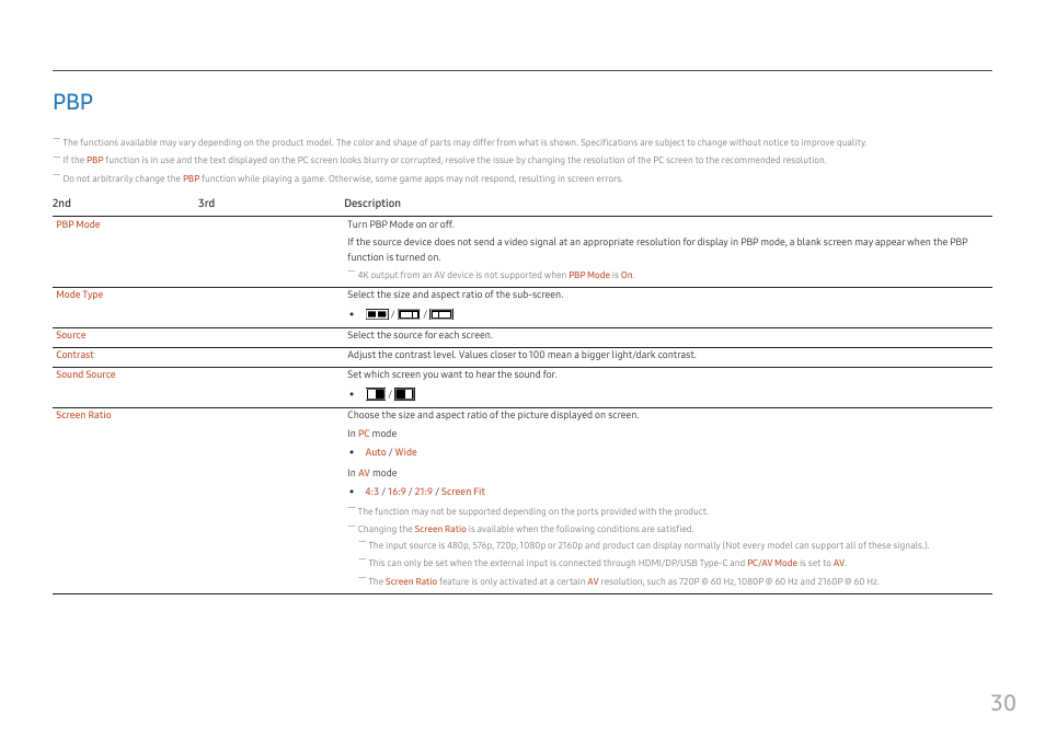 Pbp 30, 30 pbp | Samsung S95UA 49" 1440p HDR 120 Hz Curved Ultrawide Monitor User Manual | Page 30 / 45