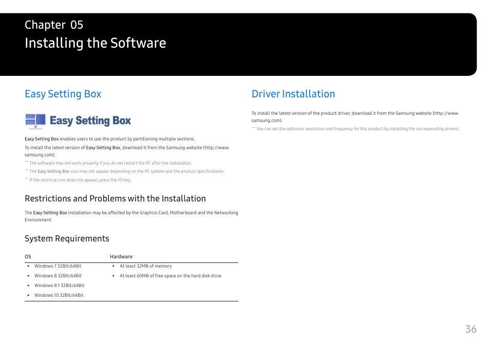 Installing the software, Easy setting box, Restrictions and problems with the installation | System requirements, Driver installation, Chapter 05 | Samsung S95UA 49" 1440p HDR 120 Hz Curved Ultrawide Monitor User Manual | Page 36 / 45