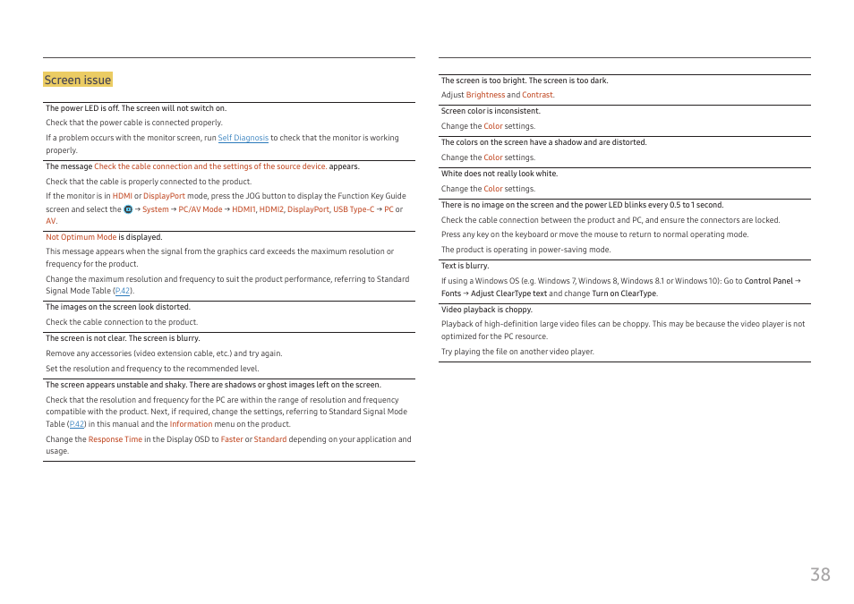 Screen issue | Samsung S95UA 49" 1440p HDR 120 Hz Curved Ultrawide Monitor User Manual | Page 38 / 45