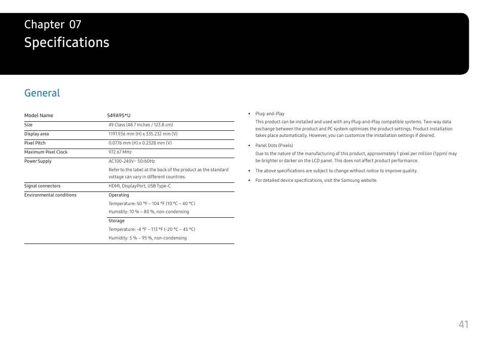 Specifications, General, General 41 | Chapter 07 | Samsung S95UA 49" 1440p HDR 120 Hz Curved Ultrawide Monitor User Manual | Page 41 / 45