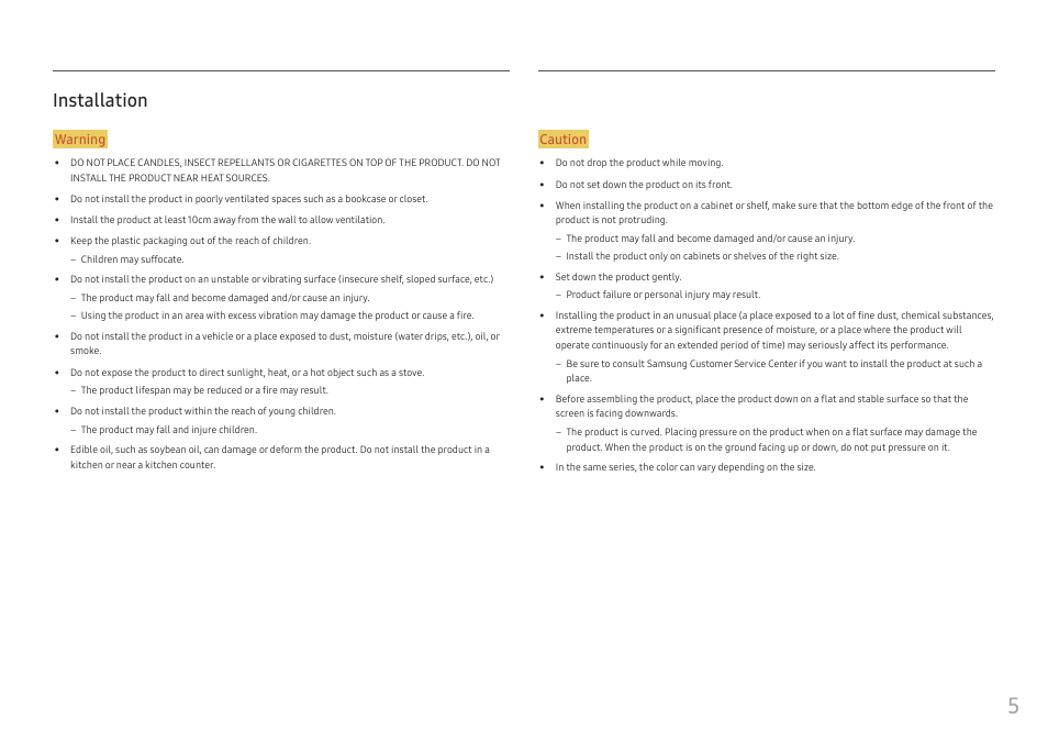 Installation, Installation 5, Warning | Caution | Samsung S95UA 49" 1440p HDR 120 Hz Curved Ultrawide Monitor User Manual | Page 5 / 45