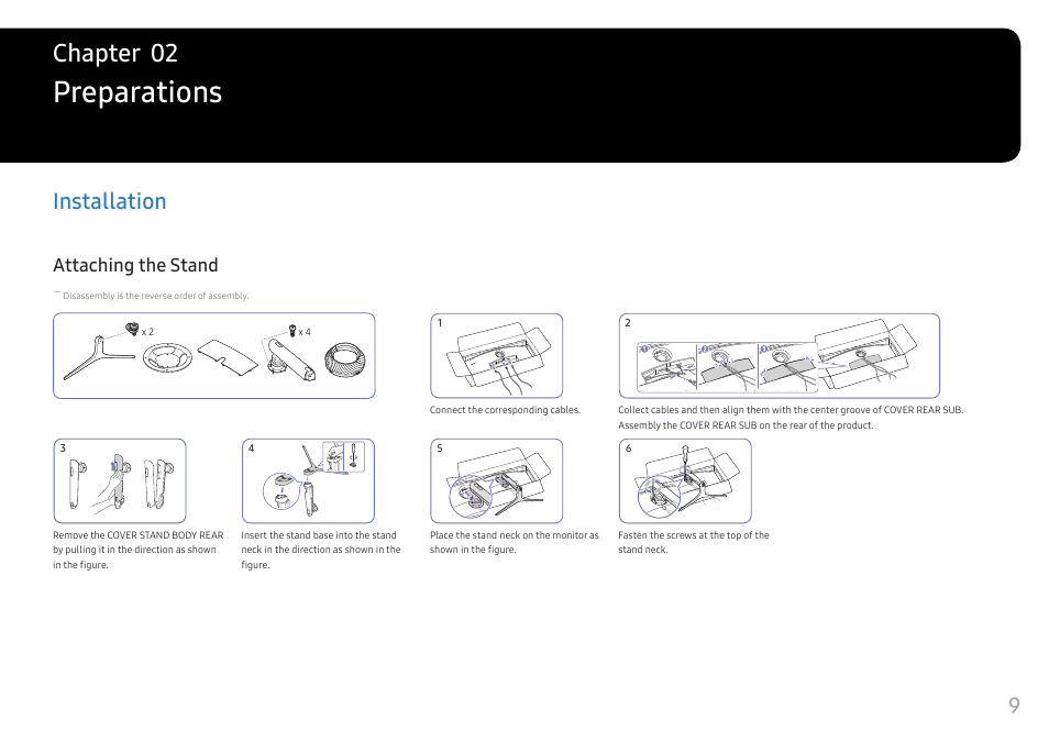 Preparations, Installation, Attaching the stand | Installation 9, Chapter 02 | Samsung S95UA 49" 1440p HDR 120 Hz Curved Ultrawide Monitor User Manual | Page 9 / 45