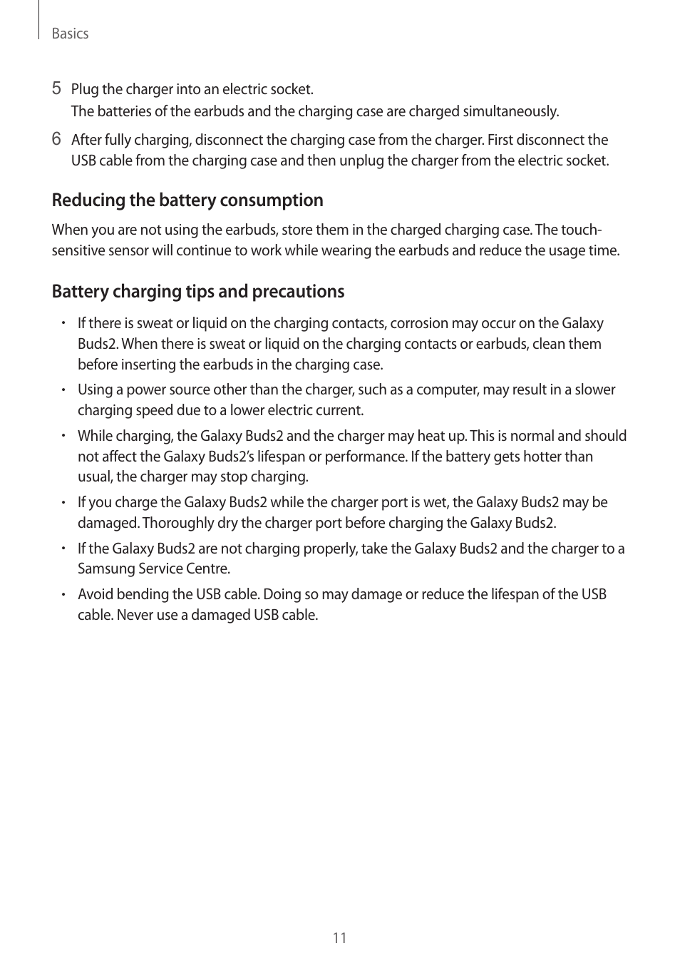 Reducing the battery consumption, Battery charging tips and precautions | Samsung Galaxy Buds2 Pro Noise-Canceling True Wireless In-Ear Headphones (Graphite) User Manual | Page 11 / 55