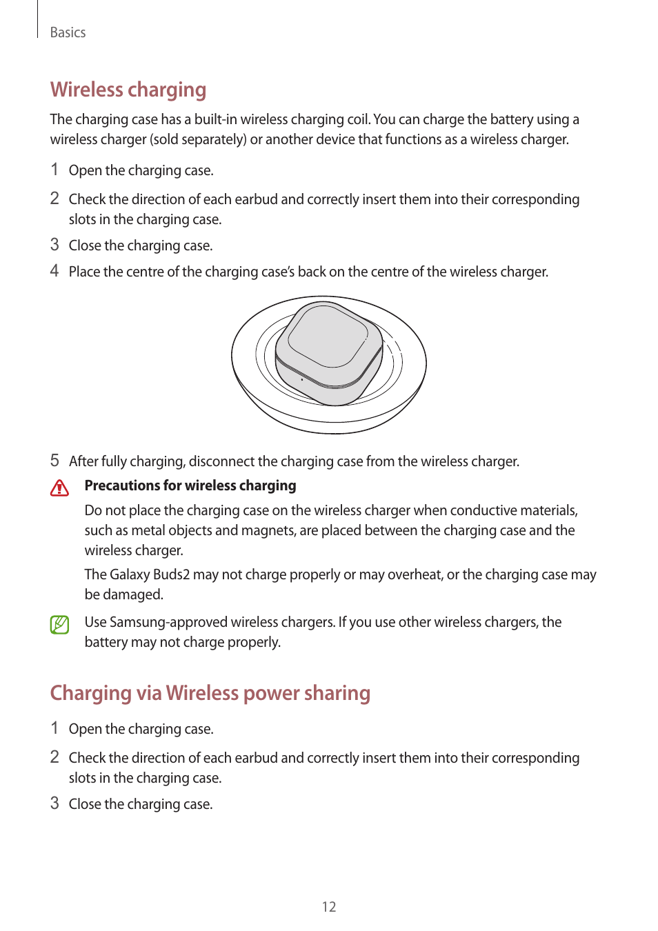 Wireless charging, Charging via wireless power sharing | Samsung Galaxy Buds2 Pro Noise-Canceling True Wireless In-Ear Headphones (Graphite) User Manual | Page 12 / 55