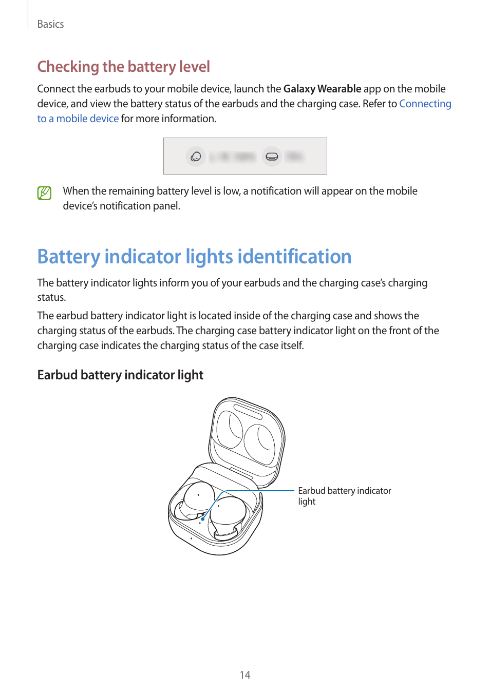 Battery indicator lights identification, 14 battery indicator lights identification, Checking the battery level | Samsung Galaxy Buds2 Pro Noise-Canceling True Wireless In-Ear Headphones (Graphite) User Manual | Page 14 / 55