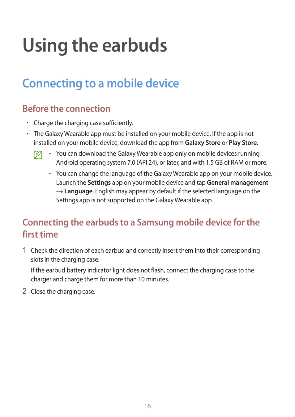 Using the earbuds, Connecting to a mobile device, 16 connecting to a mobile device | Before the connection | Samsung Galaxy Buds2 Pro Noise-Canceling True Wireless In-Ear Headphones (Graphite) User Manual | Page 16 / 55