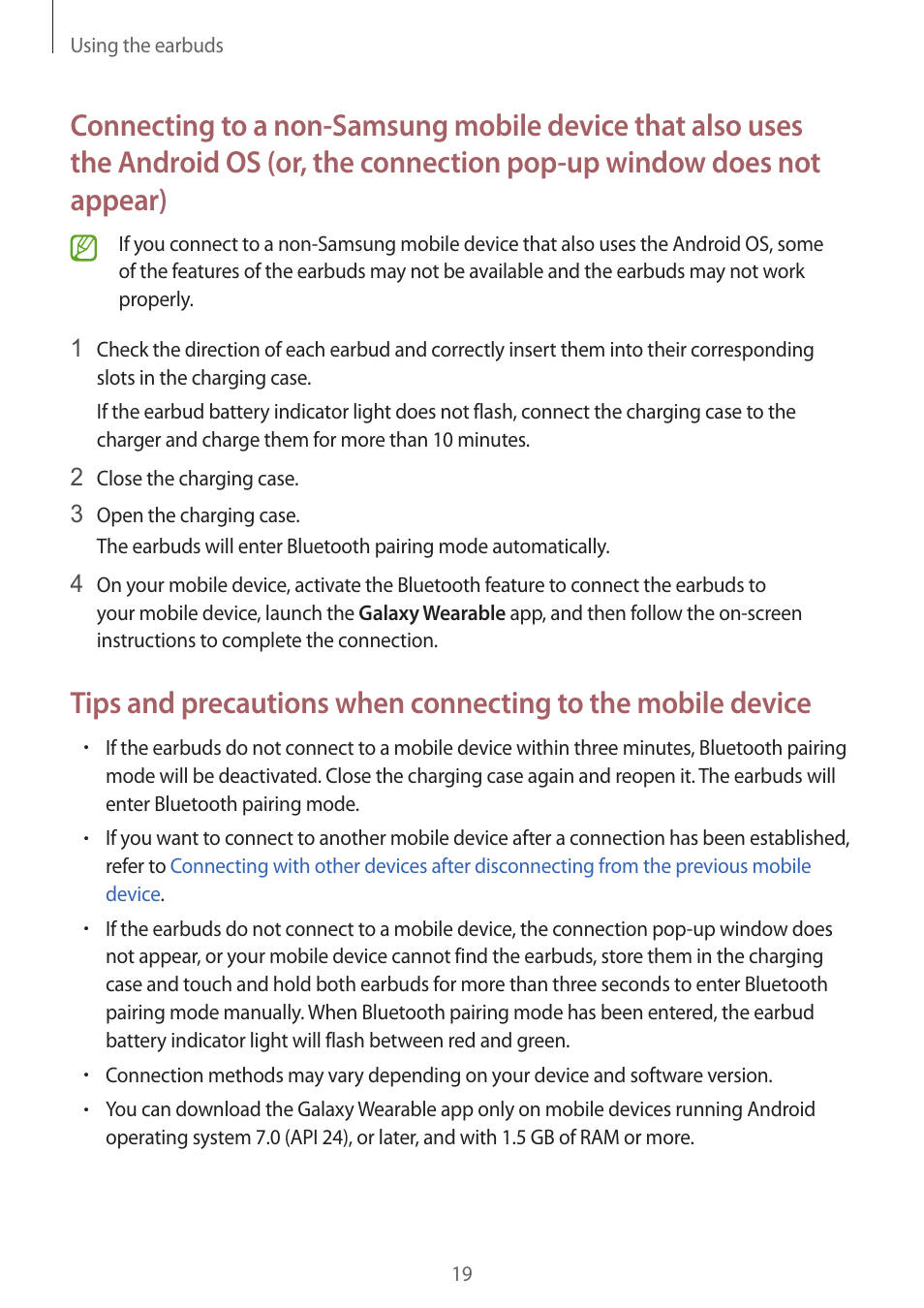 Connecting to a non-samsung | Samsung Galaxy Buds2 Pro Noise-Canceling True Wireless In-Ear Headphones (Graphite) User Manual | Page 19 / 55