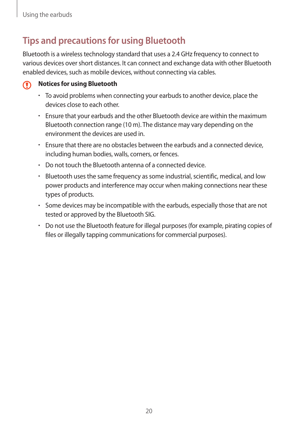 Tips and precautions for using bluetooth | Samsung Galaxy Buds2 Pro Noise-Canceling True Wireless In-Ear Headphones (Graphite) User Manual | Page 20 / 55