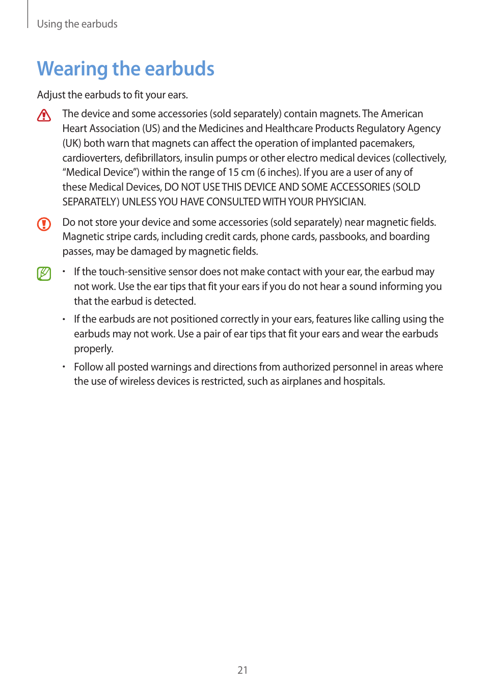 Wearing the earbuds, 21 wearing the earbuds | Samsung Galaxy Buds2 Pro Noise-Canceling True Wireless In-Ear Headphones (Graphite) User Manual | Page 21 / 55