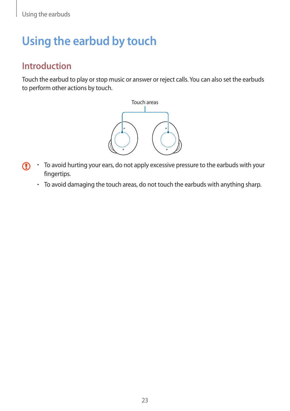 Using the earbud by touch, 23 using the earbud by touch, Introduction | Samsung Galaxy Buds2 Pro Noise-Canceling True Wireless In-Ear Headphones (Graphite) User Manual | Page 23 / 55