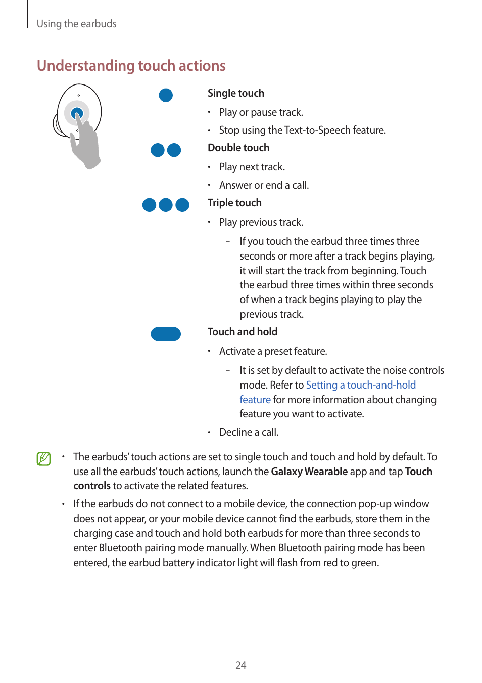 Understanding touch actions | Samsung Galaxy Buds2 Pro Noise-Canceling True Wireless In-Ear Headphones (Graphite) User Manual | Page 24 / 55